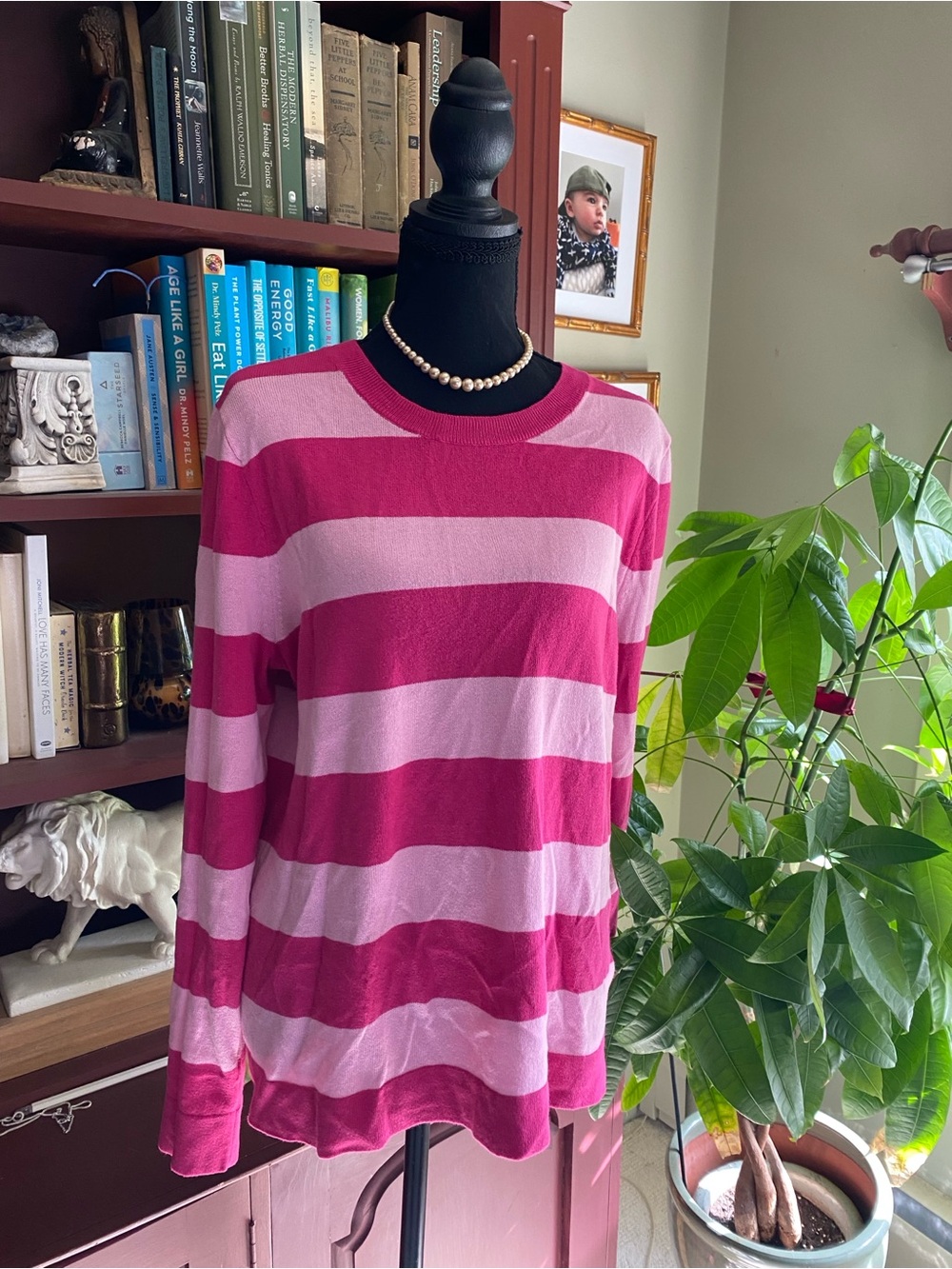 J. Crew Teddie Crewneck Sweater in Hot Pink and Light Pink Stripes